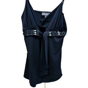 INC Black Colorful Beads Empire Waist V-neck Blouse Flowy Tie Front Large